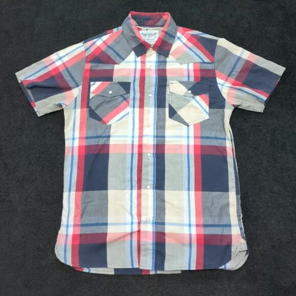 Levi's Men's Medium Short Sleeve Flannel Shirt Blue Red Plaid Button Up - Picture 1 of 5